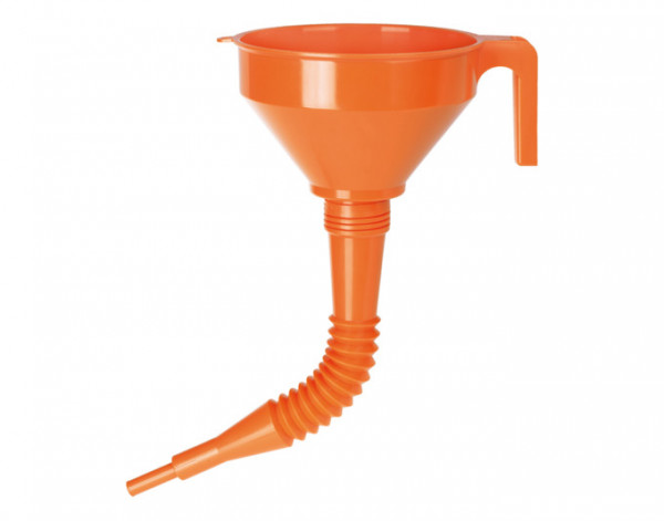 Trichter PE mit Sieb 16cm flexiblem Auslaufrohr, orange